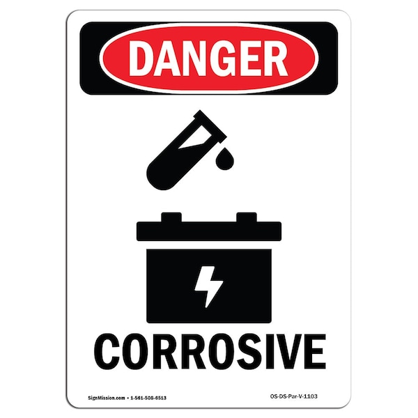 Safety Sign, OSHA Danger, 5" Height, Corrosive, Portrait, 10PK